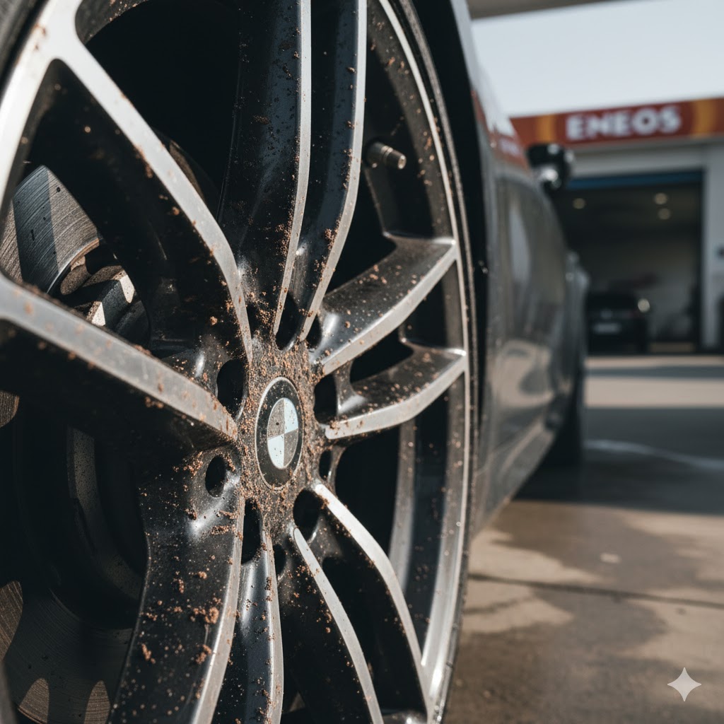 茶色く固着したブレーキダストでひどく汚れたBMWのホイール