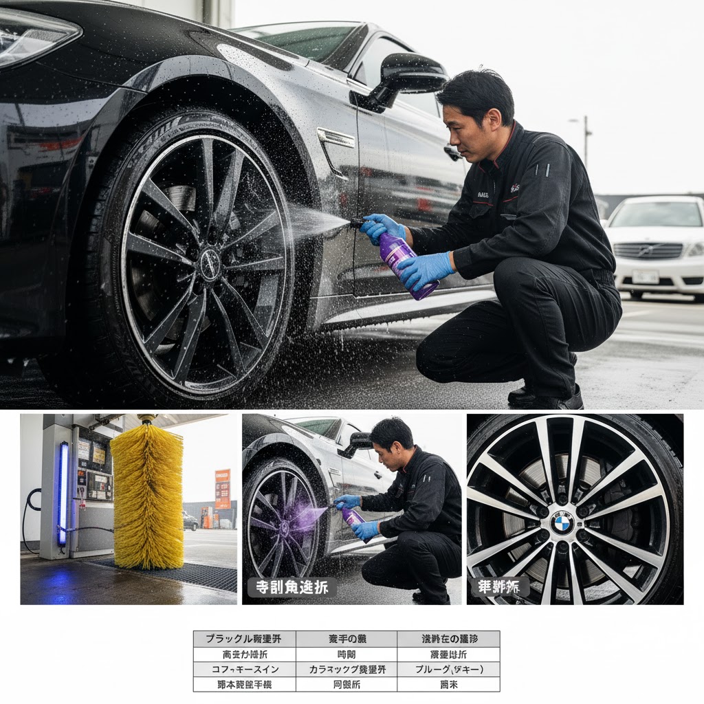 ENEOSのスタッフが専用の鉄粉除去剤を使って車のホイールをクリーニングしている様子