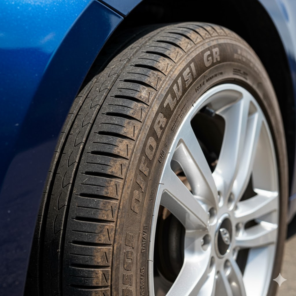 洗車後にもかかわらず側面が茶色く変色してしまった車のタイヤのクローズアップ