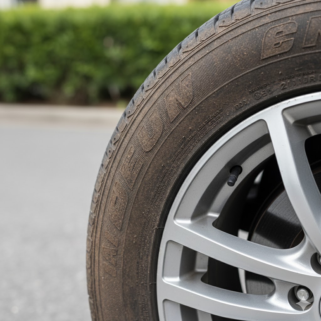 タイヤの老化防止剤によるブルーム現象で、タイヤ側面全体が均一に薄茶色になっている様子