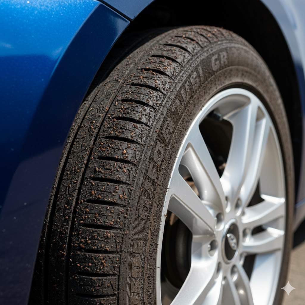 ブレーキダスト（鉄粉）がタイヤの側面に付着し、錆びて赤茶色の点状汚れになっている状態