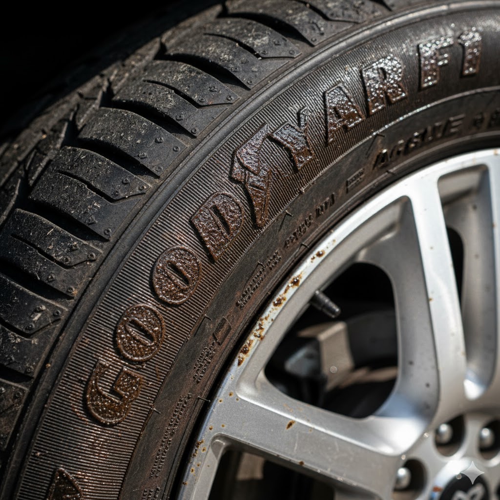 劣化した油性タイヤワックスが、タイヤの溝や文字部分に黒ずんだ茶色の汚れとして固着している様子