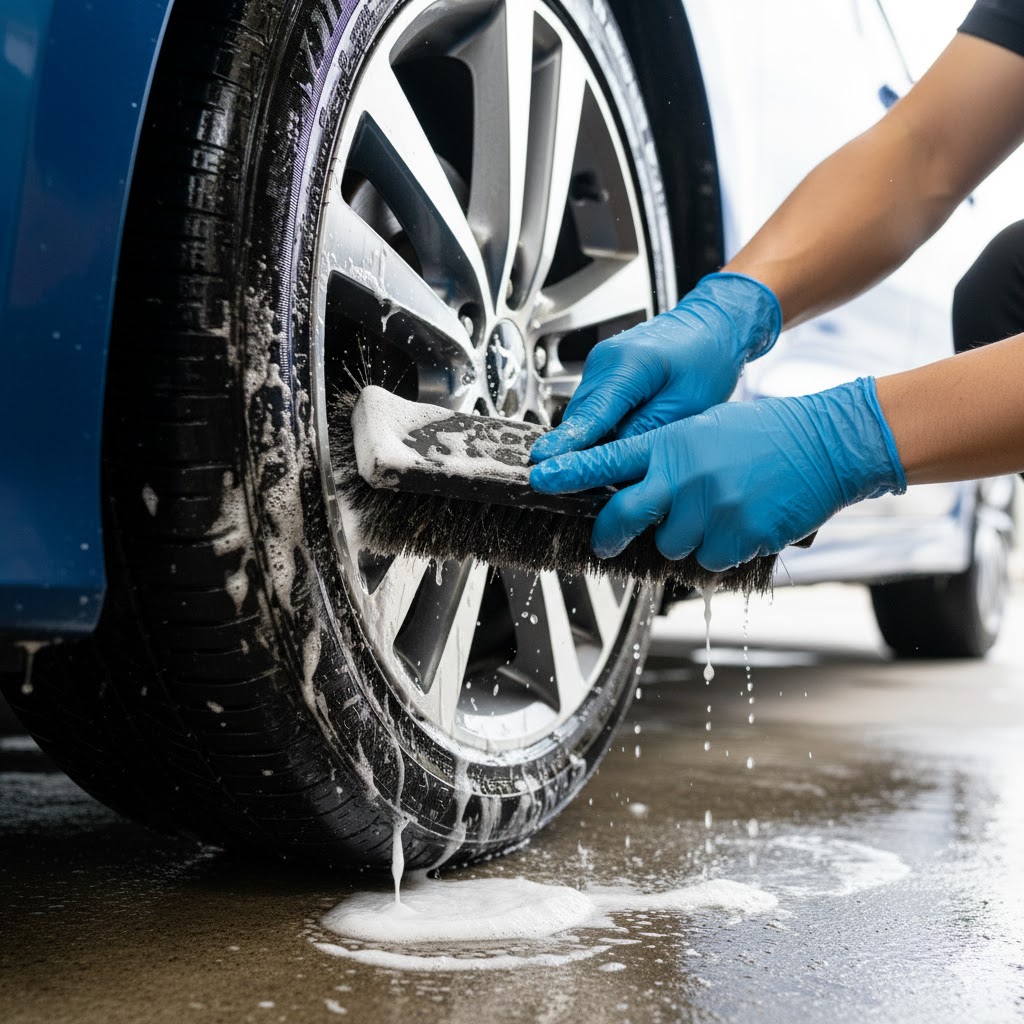 日本人男性の手が、泡立ったクリーナーとタイヤ専用ブラシを使って、茶色い汚れを優しく洗浄しているシーン