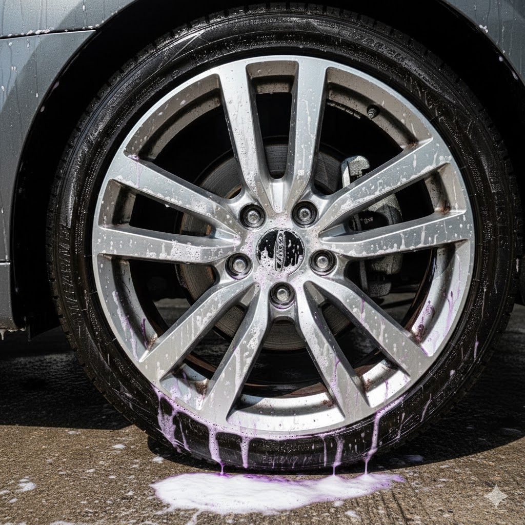 タイヤとホイールに付着したブレーキダストに鉄粉除去剤が反応し、紫色に変化して汚れが流れ落ちる様子