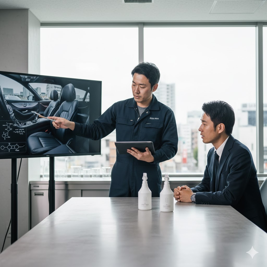 作業着姿の日本人男性がビジネスマンに対し、モニターに映る車の内装と化学式を指しながら製品の説明をしている様子。会議室の窓からは都市の風景が見える。