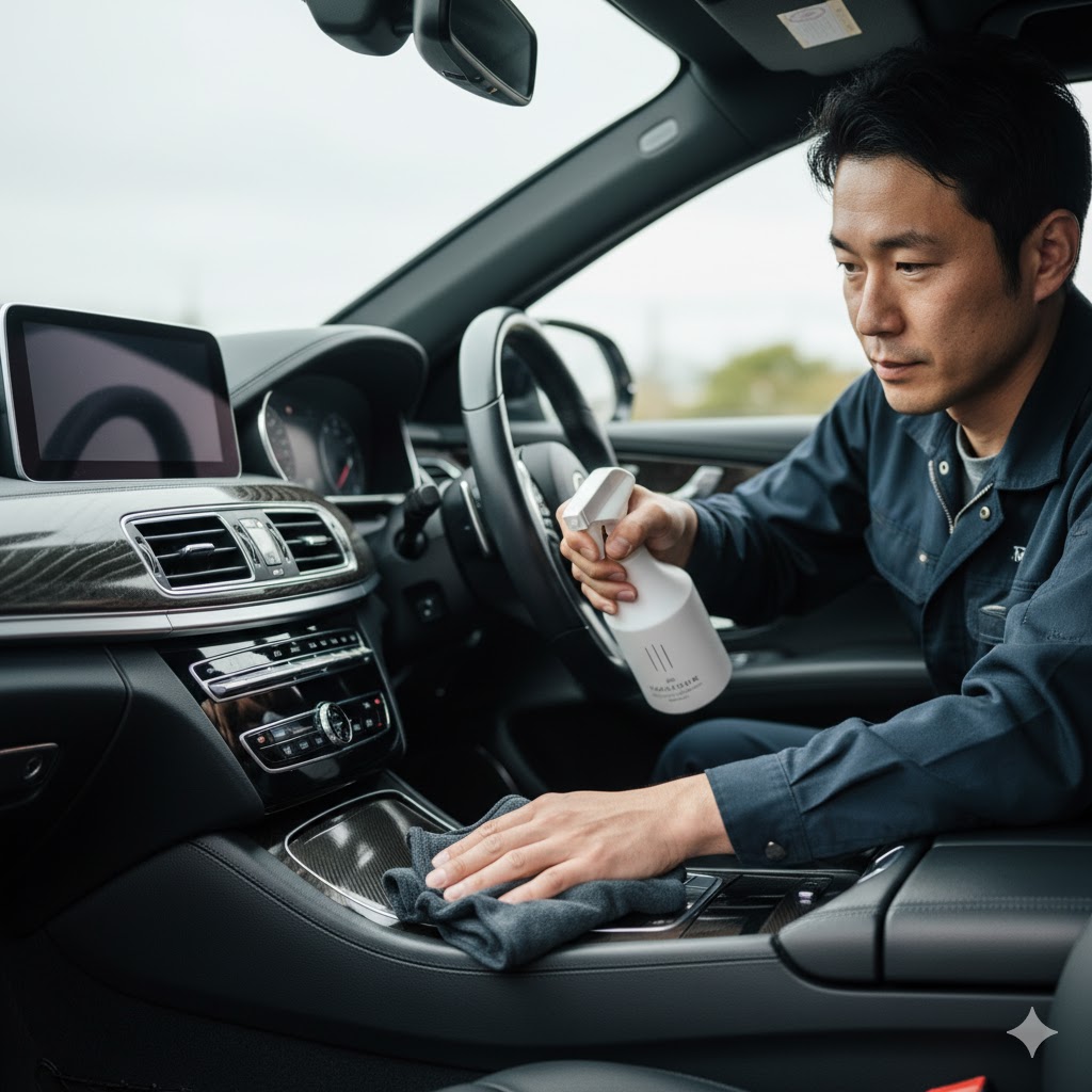 日本人男性が車の内装にクリーナーをスプレーし、マイクロファイバークロスで拭いている様子。車の高級感ある内装が写っている。