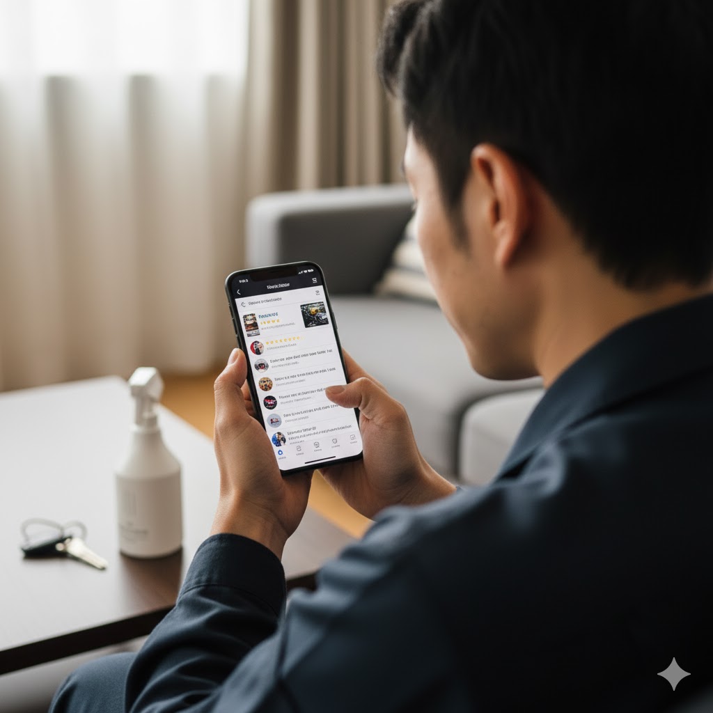 日本人男性がスマートフォンとタブレットで商品のレビューや情報を比較検討している様子。隣に商品ボトルが置かれている。