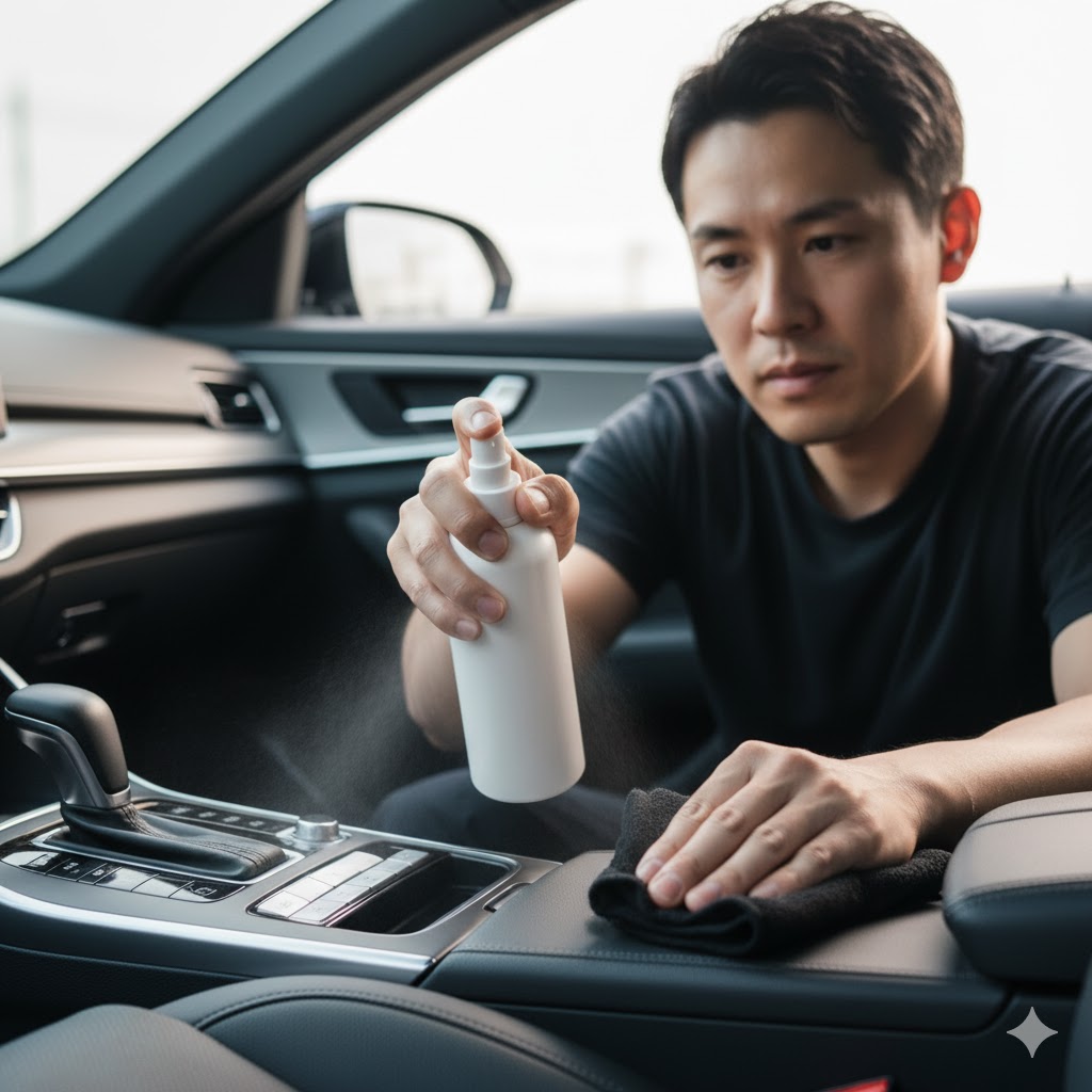 作業服を着た日本人男性が車の内装にスプレーを吹きかけ、丁寧に拭き掃除をしている場面。シートやダッシュボードが清潔に保たれている。