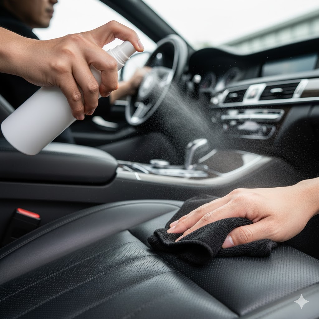 車の本革シートにクリーナーをスプレーし、別の手でマイクロファイバークロスを使って拭き上げているクローズアップ。車の内装の質感が伝わる。