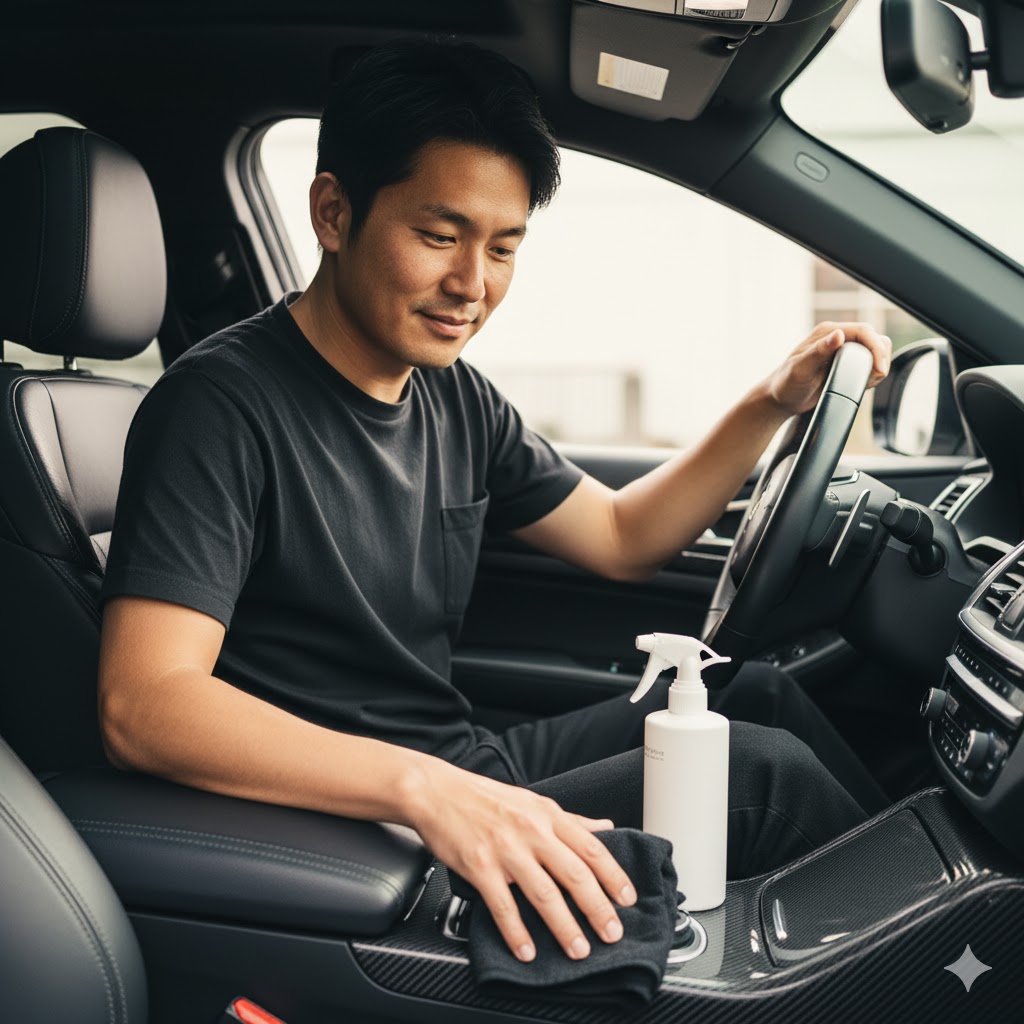 日本人男性が自分の車の内装を丁寧に拭き掃除しながら、仕上がりに満足げな表情を浮かべている。清潔な車内と製品ボトルが映る。