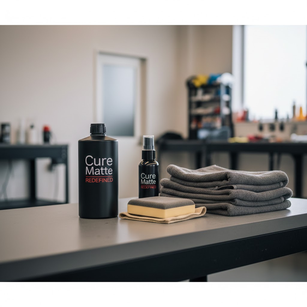 マット塗装専用コーティング剤「Cure Matte REDEFINED」のボトル、アプリケーター、マイクロファイバークロスを並べた静物写真。DIYコーティングにおすすめの専用製品を訴求。