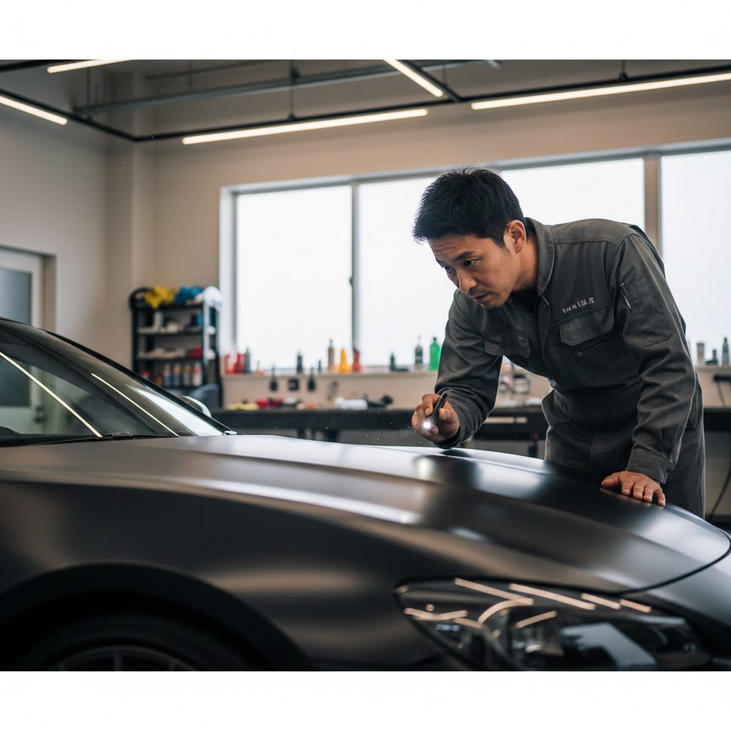 ガレージ内でマットブラックの愛車を真剣な表情で点検する日本人男性オーナー。独特の鈍い光沢を持つマット塗装の質感と、愛車への強いこだわりを表現