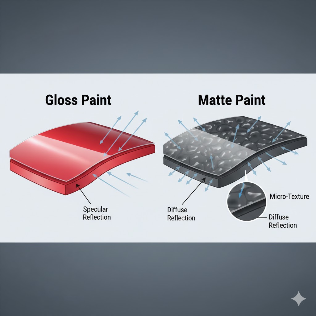 マット塗装とグロス塗装のクリア層表面の微細な構造を比較した図。マット塗装特有の凹凸による光の乱反射の仕組みを解説。