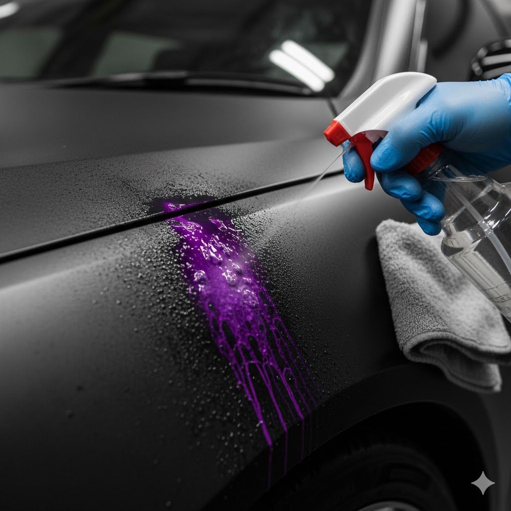 マット塗装に付着した水垢（イオンデポジット）に対し、酸性ケミカル剤を塗布し化学的に溶解させている様子。物理的な摩擦を避け化学除去を行うことの重要性を示す。