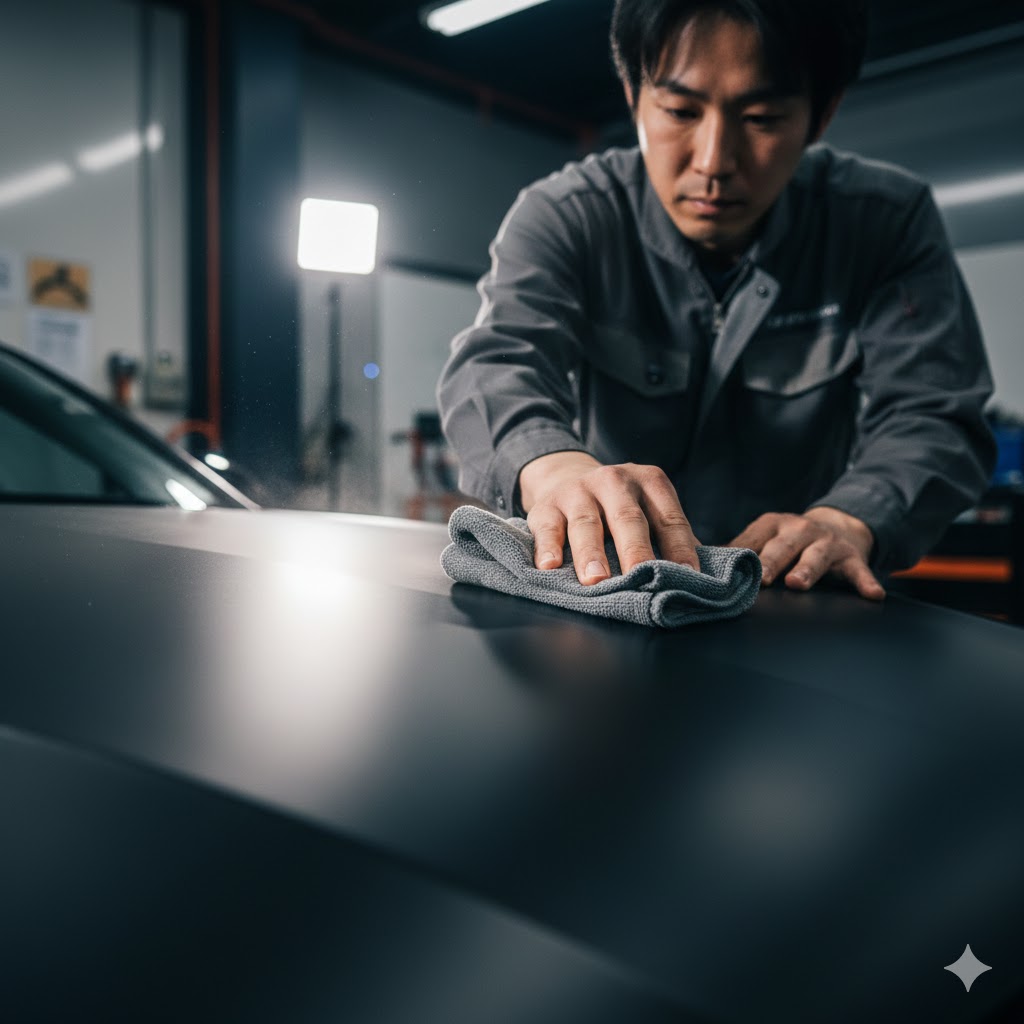 マット塗装コーティングの施工における、余剰な液剤をムラなく拭き上げている日本人男性の手元クローズアップ。薄く均一に塗り、完全に拭き取る工程の重要性を表現。