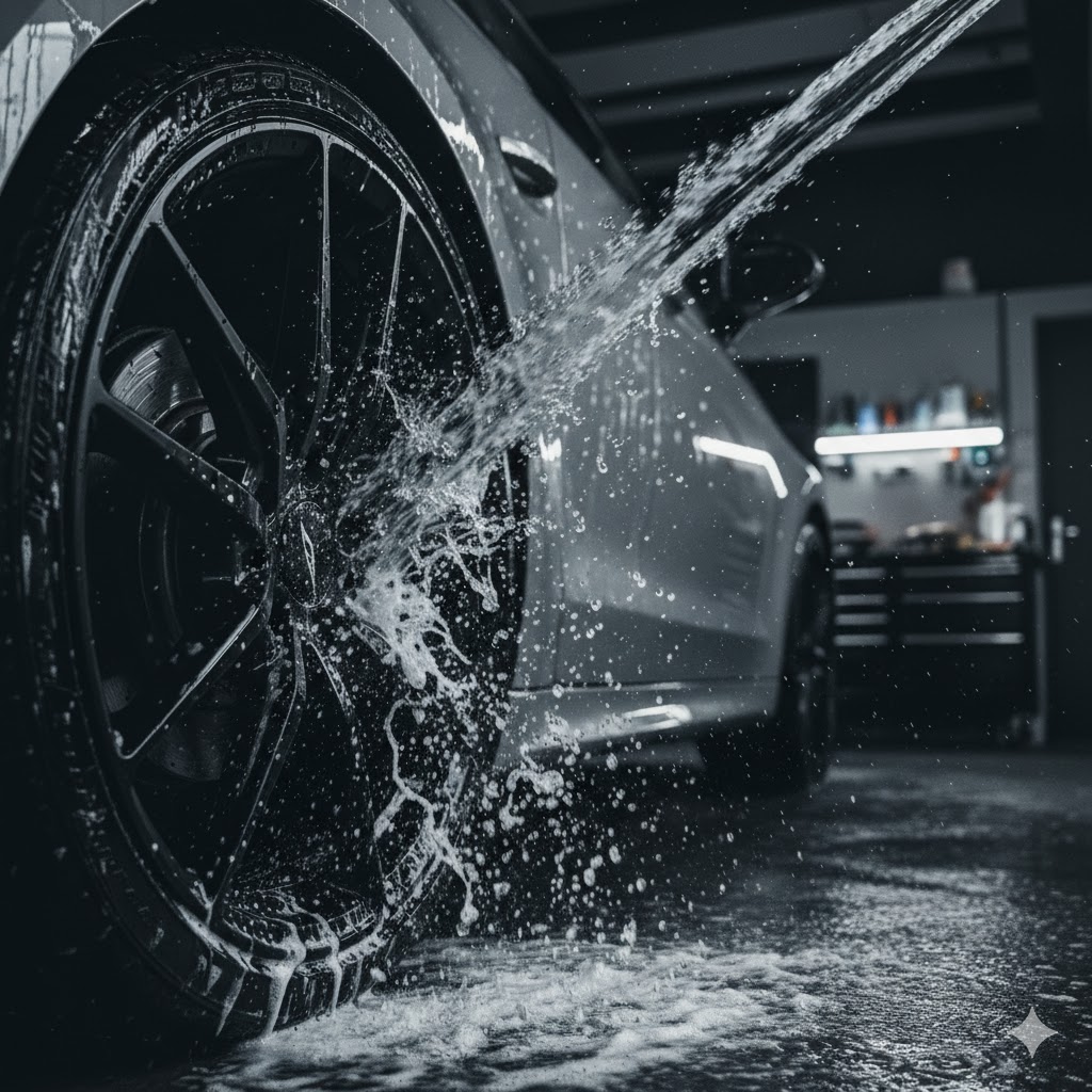 高圧洗浄機（または強い水流のホース）を使い、ディテイリングガレージ内で車のマットブラックホイールに付着した汚れを勢いよく吹き飛ばす様子。