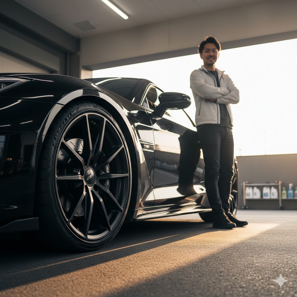 マットブラックホイールの表面が研磨によって不自然に艶上がりしたダメージの様子。
