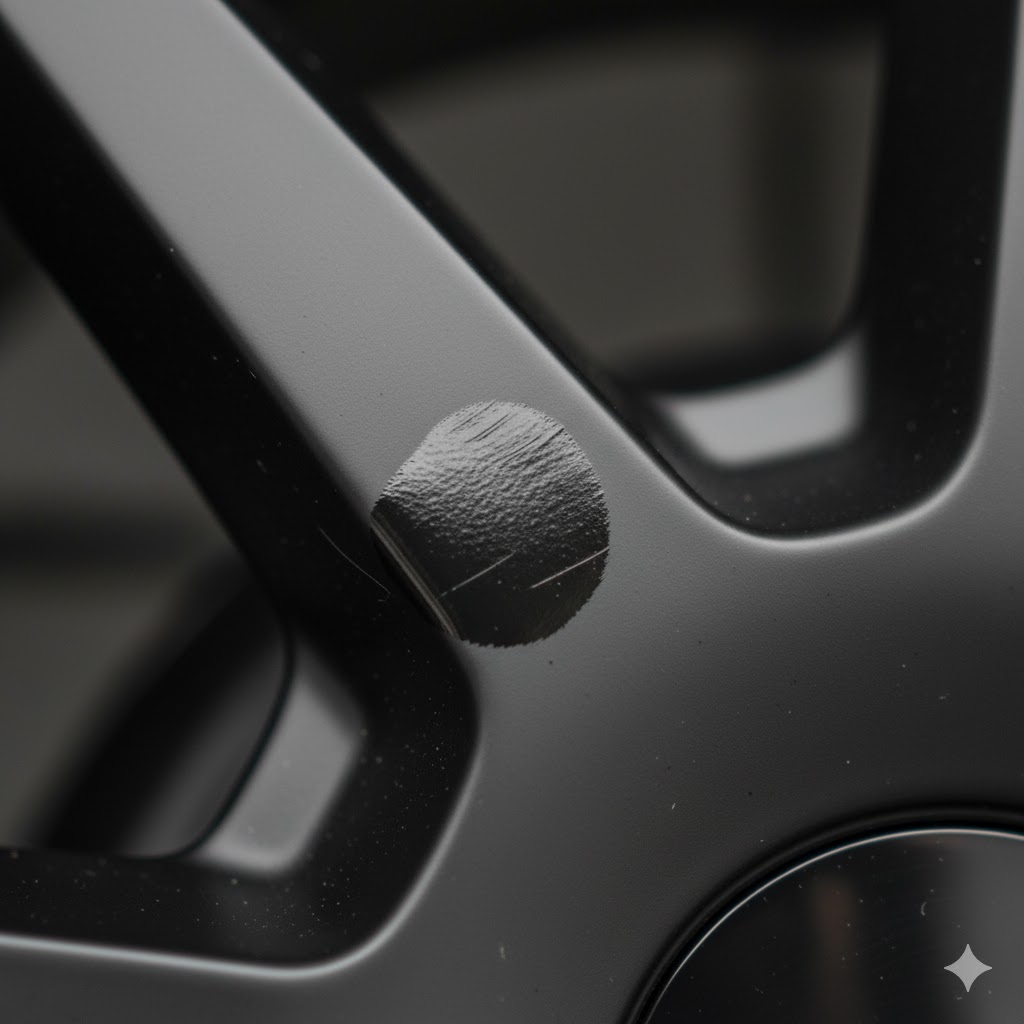 マットブラックホイールの表面に固着した白い円形の水シミ（ウォータースポット）。
