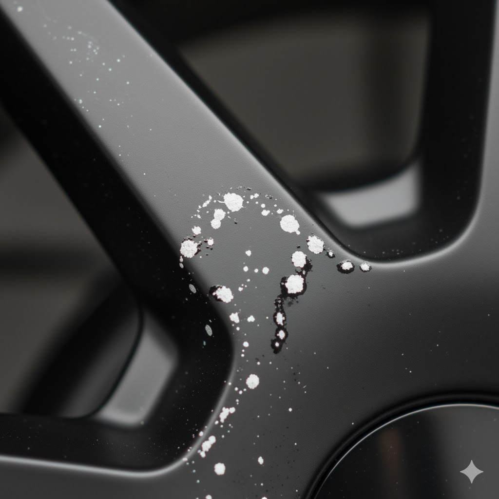 マットブラックホイールに付着した鉄粉が、中性の除去剤によって紫色に反応して溶け出している様子。