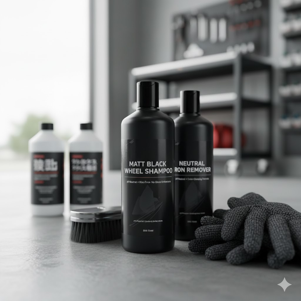 マットブラックホイール洗車に必須の、柔らかいマイクロファイバーミット、ホイールブラシ、ディテイリングブラシの3点。