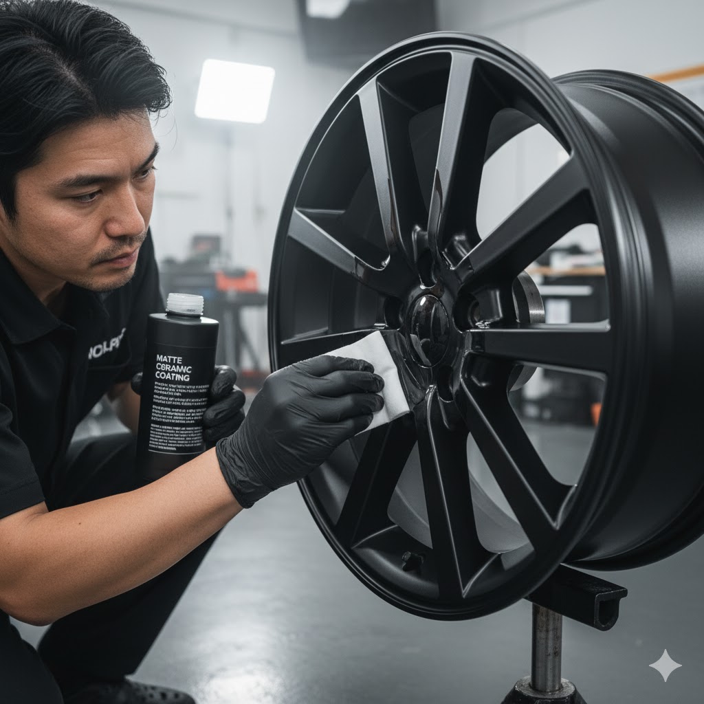 マット専用コーティングが施工され、汚れを寄せ付けず美しい質感を保つマットブラックホイール。