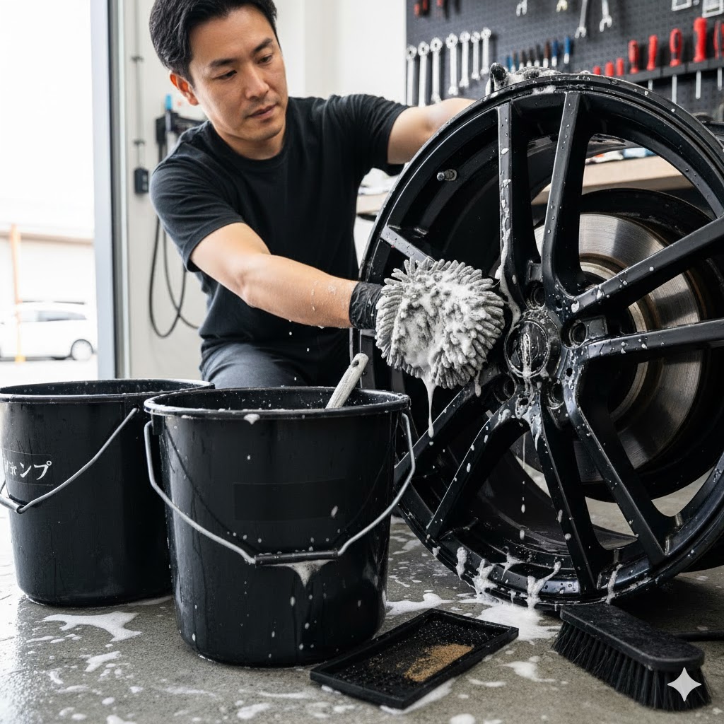 洗車傷を防ぐための2バケツメソッド。グリットガードが入ったバケツと泡立ったシャンプーバケツが並んでいる。