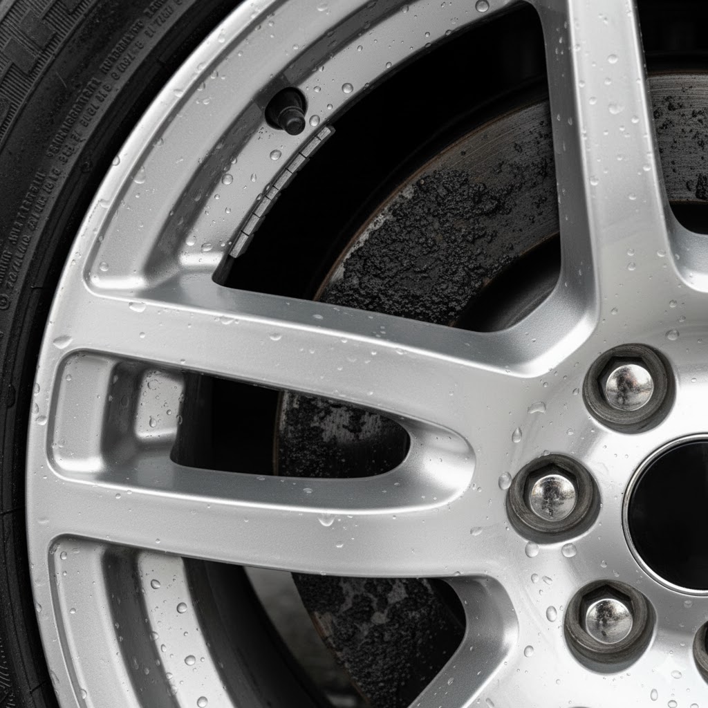 洗車機で落ちずにホイールのスポークにこびりついた、焼き付いた黒いブレーキダストの接写