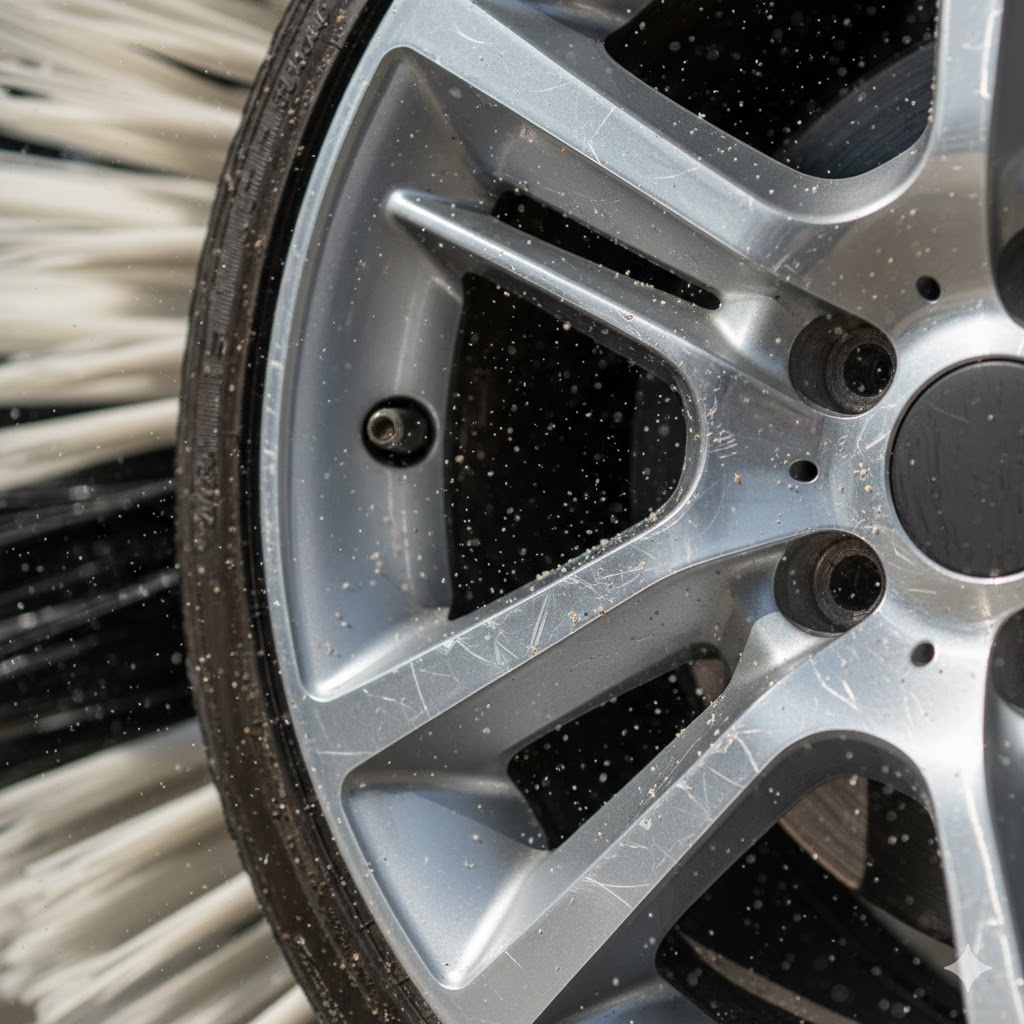 洗車ブラシに巻き込まれた砂や泥によりアルミホイール表面に無数の細かい傷（スクラッチ）が付く様子を接写で示す