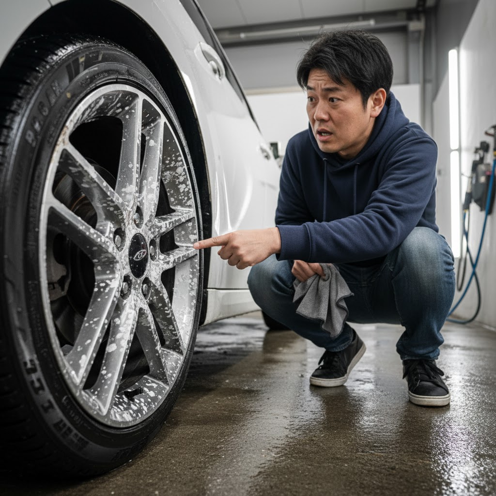 強アルカリ性洗剤によりアルミホイールに発生した白サビ（アルマイトの腐食）を日本人が心配そうに見ている