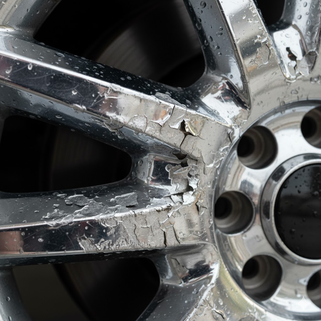 洗車傷を起点に内部腐食が進行し、メッキが浮き上がり剥がれているクロームメッキホイール