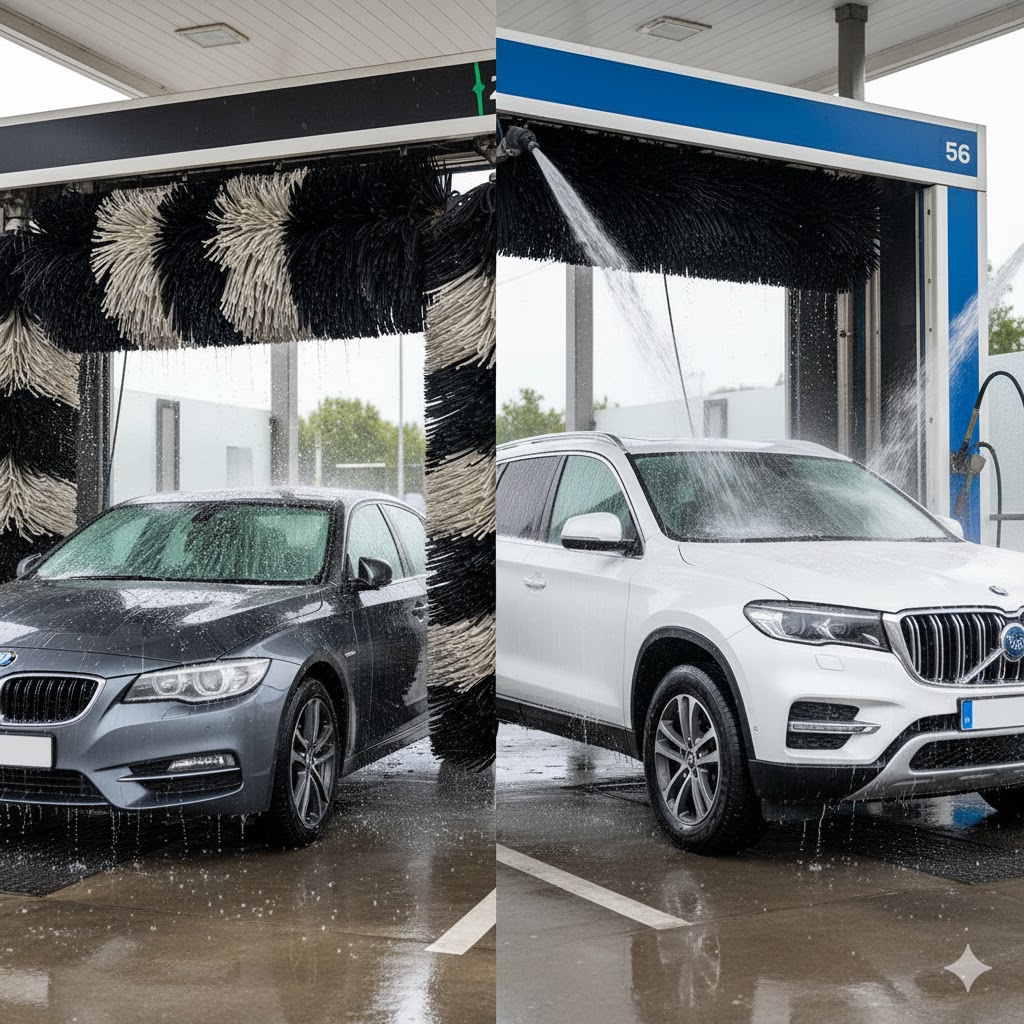 ブラシ式洗車機（摩擦）とノンブラシ式洗車機（高圧ジェット水）の構造的な違いを比較する