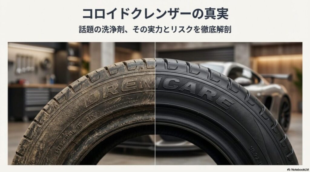 茶色く変色したタイヤの半分が、洗浄によって新品のような自然な黒さを取り戻している比較画像。