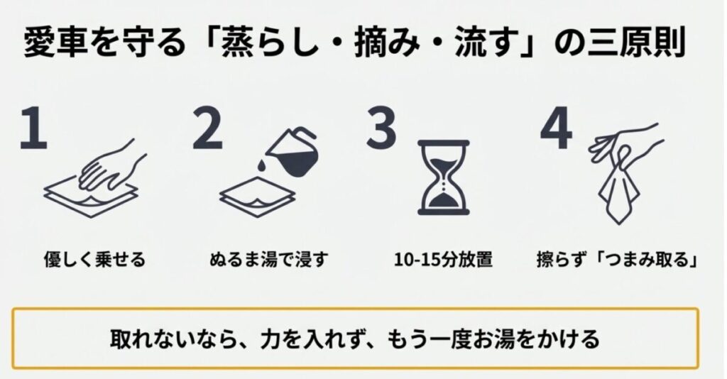 キッチンペーパーとお湯を使って鳥のフンをふやかし、優しくつまみ取る手順の解説イラスト