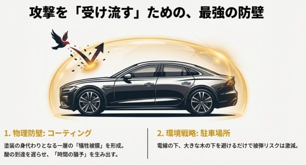 車のボディ全体を保護するコーティング被膜が鳥のフンを弾き返すイメージイラスト