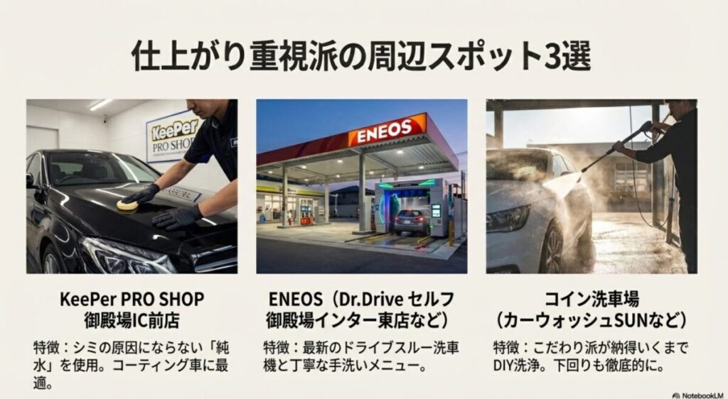 キーパープロショップ、ENEOSガソリンスタンド、コイン洗車場の写真を並べ、それぞれの特徴（品質、利便性、DIY）を比較したスライド