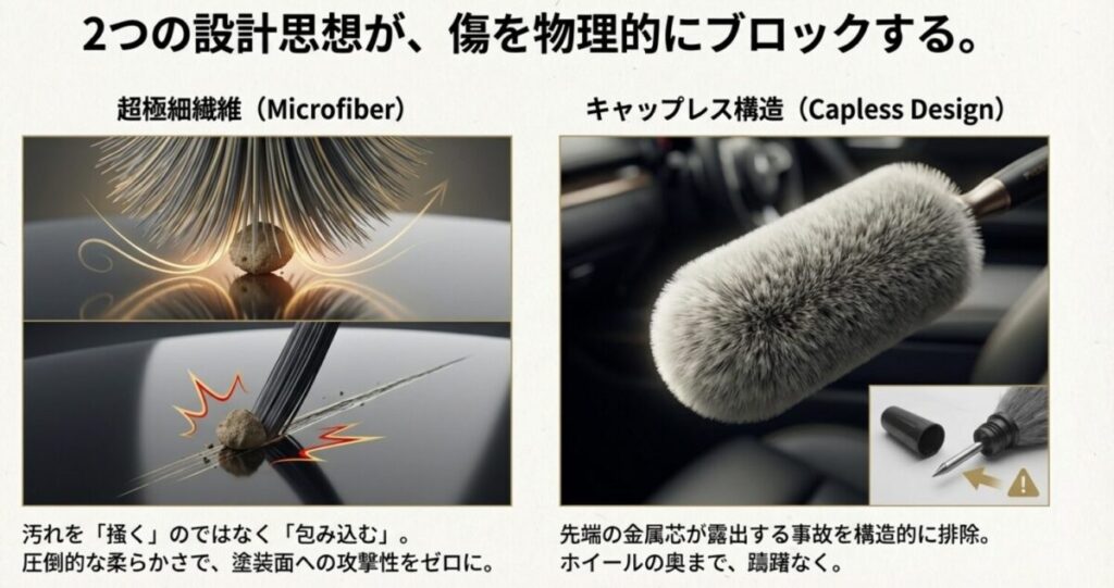 通常のブラシが汚れを引きずる様子と、マイクロファイバーが汚れを吸着する様子の比較図解。および金属芯が露出しない安全設計の拡大図。