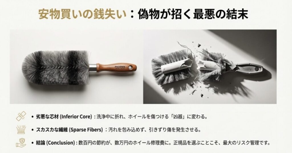 芯が折れて使い物にならなくなった安価な模倣品ブラシと、BUDDICA正規品の比較写真