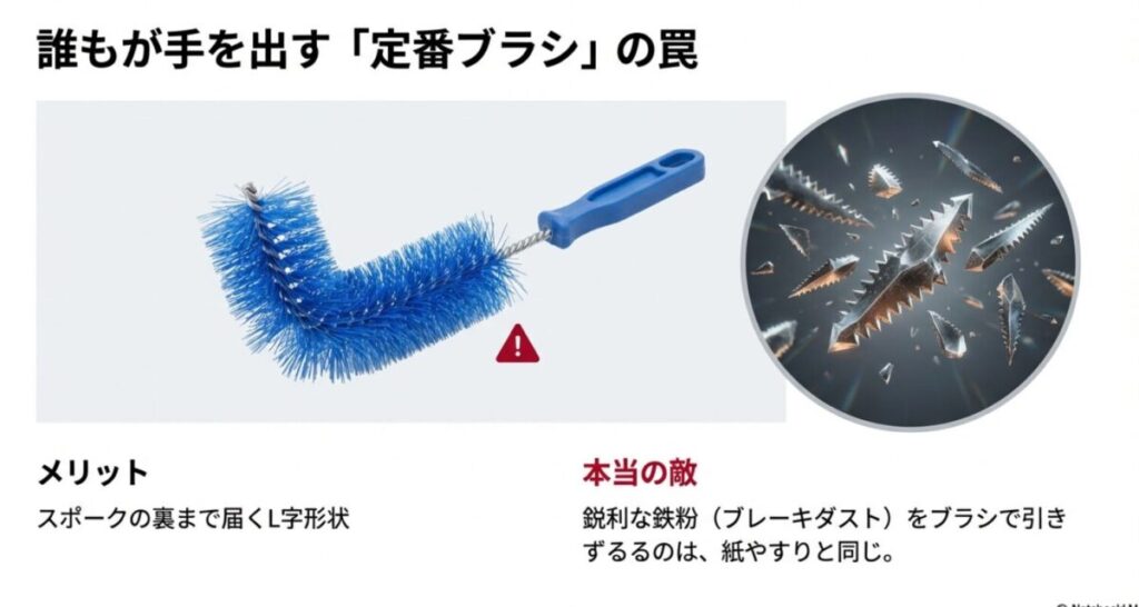 ブレーキダストが塗装を傷つけるノコギリのような形状であることのイメージ図