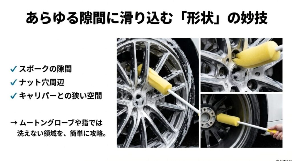 ホイールのスポーク隙間やナット穴をペットボトルスポンジで洗っている様子