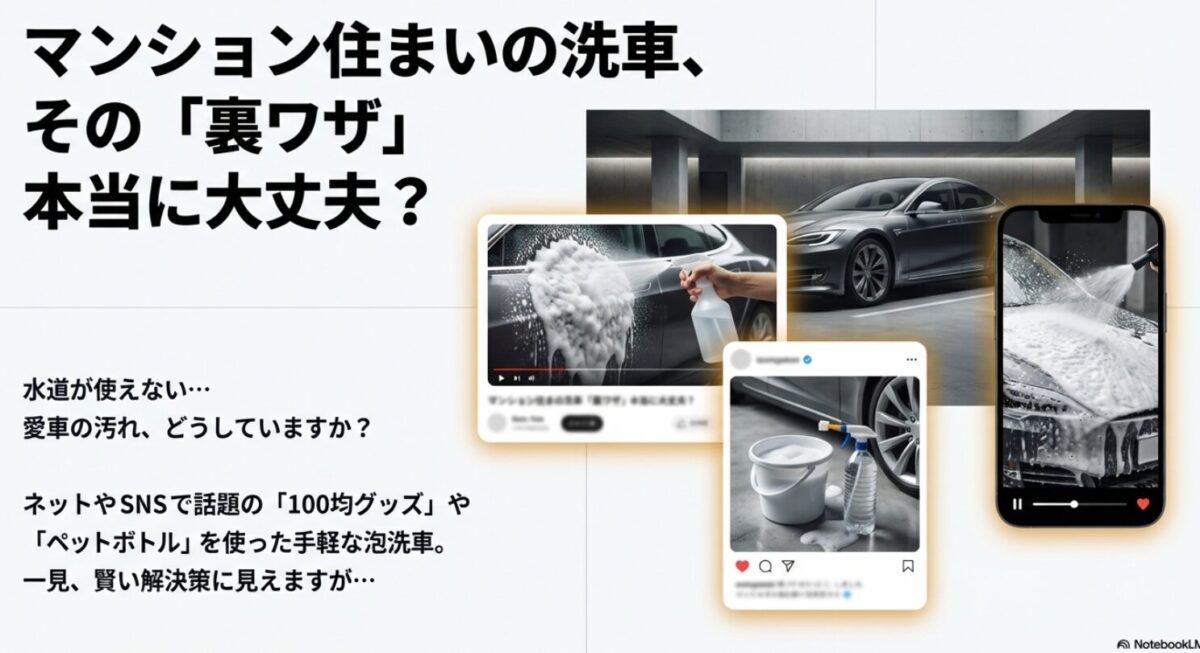 マンションでのペットボトル洗車や100均グッズの裏ワザに潜むリスクを解説するアイキャッチ画像