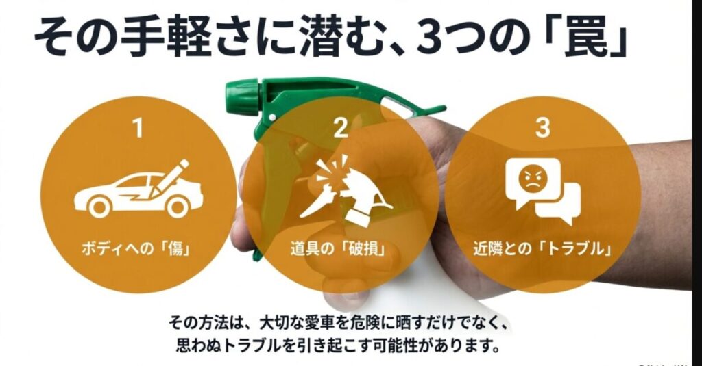 ペットボトル洗車の手軽さに隠された、ボディへの傷、道具の破損、近隣トラブルという3つのリスクの図解