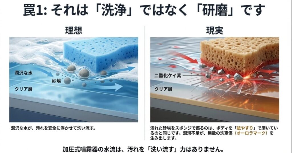 潤沢な水がある理想の洗車と、水不足で二酸化ケイ素（砂埃）がクリア層を傷つける現実の比較図