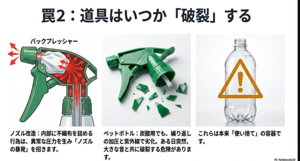 加圧式噴霧器のノズル改造による異常な圧力の発生と、ペットボトルの経年劣化による破裂の危険性を示す図解
