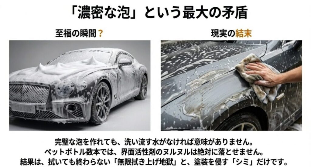 濃密な泡に包まれた車と、水不足で界面活性剤を洗い流せず拭き取りが困難になる矛盾を説明する画像