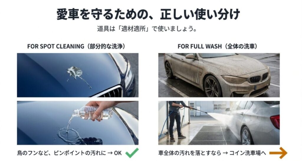 鳥のフンなどのスポット汚れにはペットボトル、全体の洗車にはコイン洗車場を利用するという適材適所の使い分け図