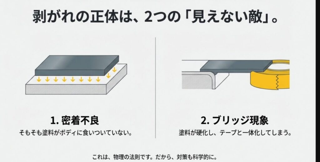 マスキングテープと塗装の境界で塗料が硬化し、テープを剥がす際に塗膜が引っ張られる物理的なメカニズムの断面図。