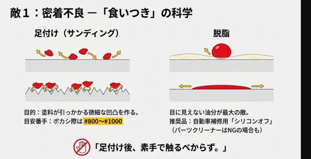 塗料の食いつきを良くする足付け（サンディング）による凹凸形成と、シリコンオフによる脱脂の重要性を解説したイラスト。