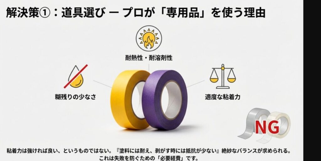 耐熱性や糊残りの少なさなど、自動車補修用テープに求められる条件と、粘着力が強すぎるNGテープの比較表。