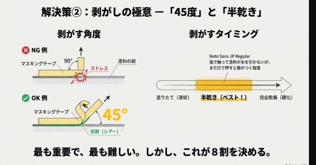 塗装面に対して45度で剥がす正しい角度の図解と、指触乾燥から半乾きのベストなタイミングを示すチャート。