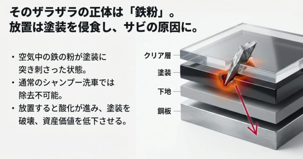 自動車の塗装クリア層に突き刺さった鉄粉が酸化し、塗装内部を浸食していく様子を示した断面イラスト